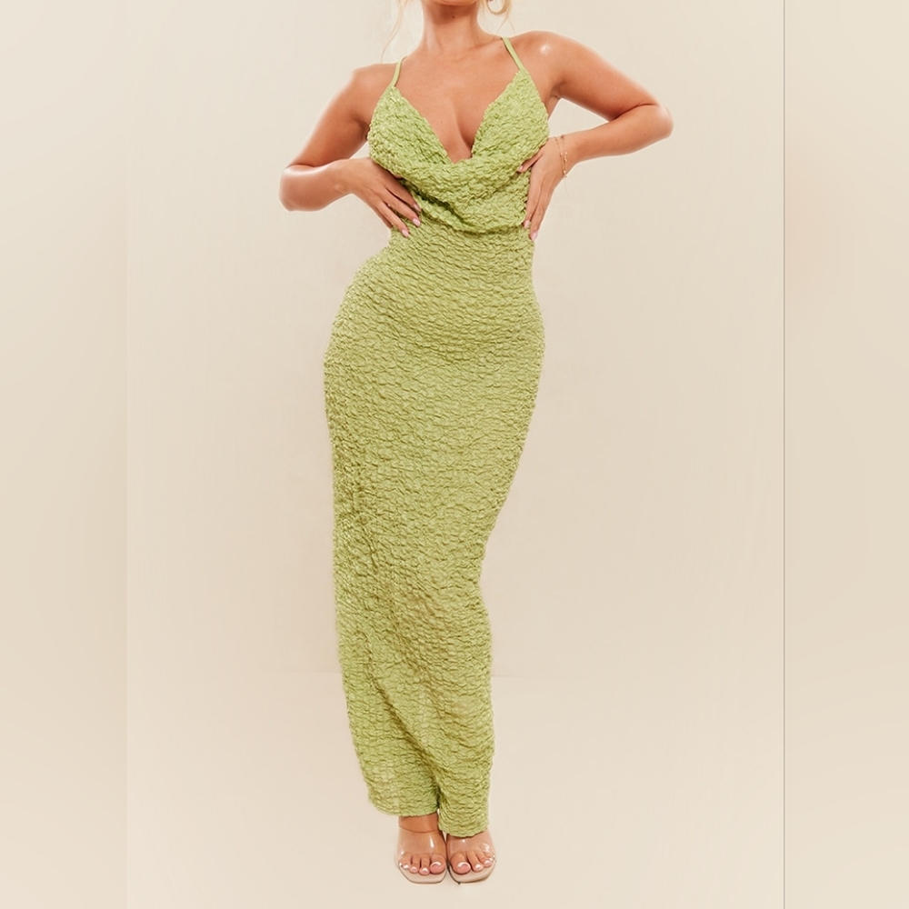 PrettyLittleThing Dress Textured Cowl Cut Out Back Maxi Sage Green‎ Size 8